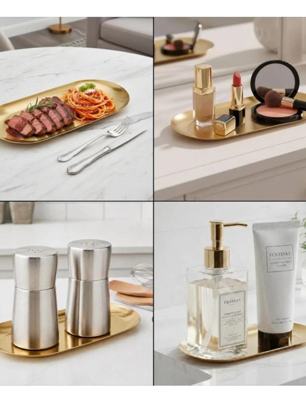 2 Pcs Gold Stainless Steel Oval Trinket Tray Towel Plate Vanity Jewelry Dish Set